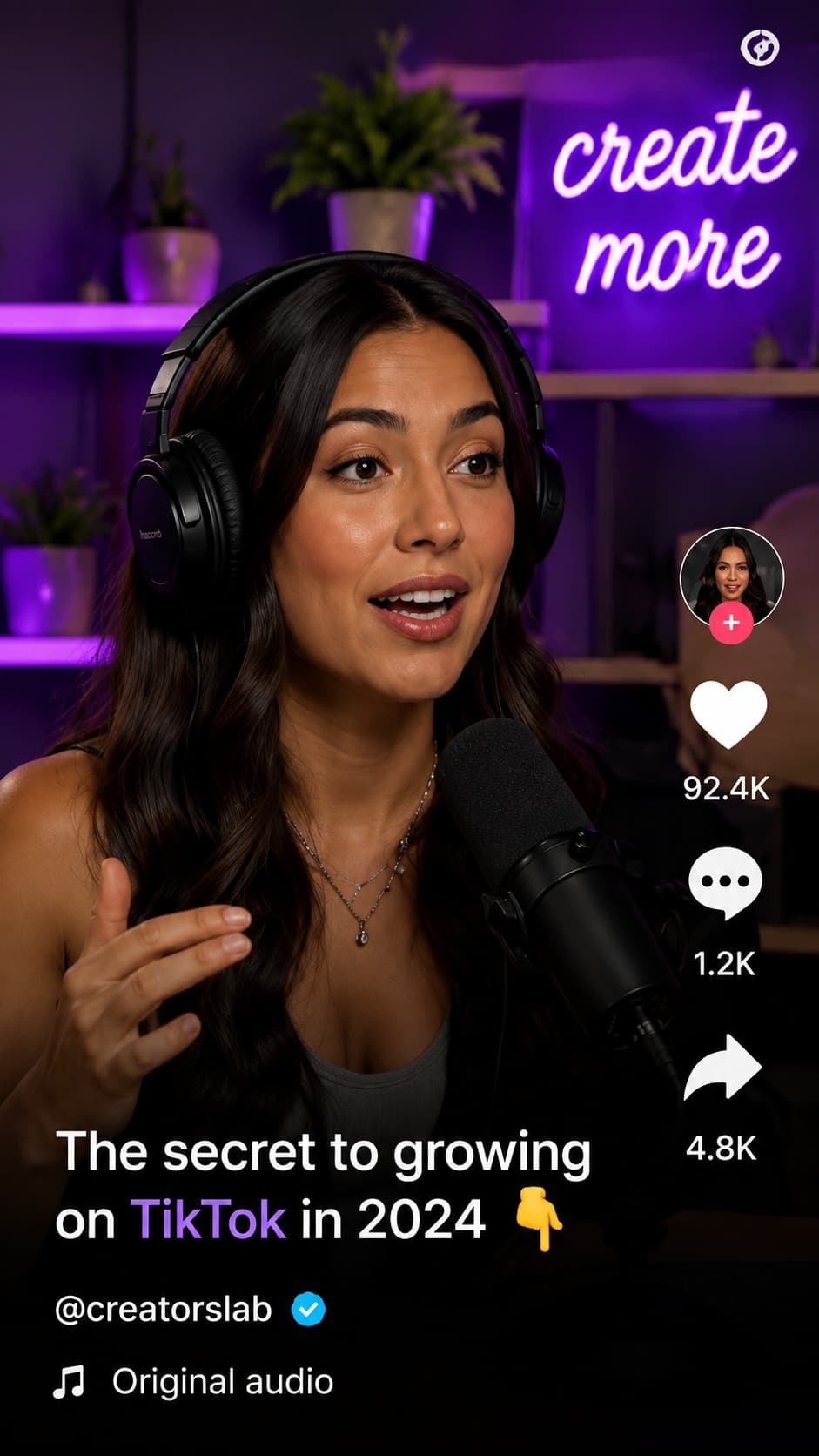 Fictional example creator clip a Clipper could claim and post — a creator talking into a mic with TikTok-style captions and engagement counts